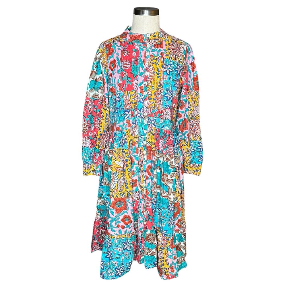 HANDPRINT DREAM APPAREL Colorful‎ Patchwork Button Front Midi Dress women's Med